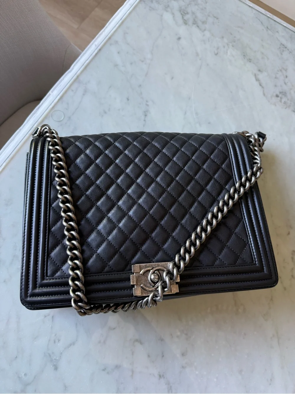 CHANEL Black Quilted Boy Flap Shoulder Bag with Silver Chain